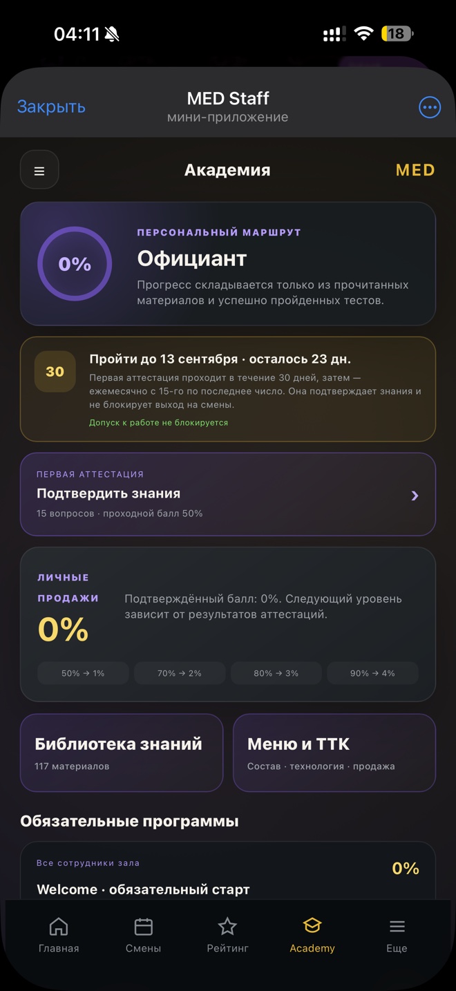 Academy — реальный экран MED Staff Mini App